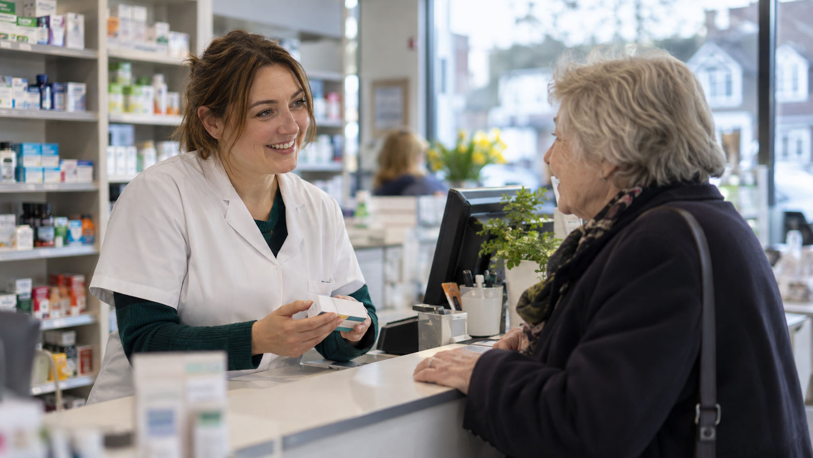Friendly pharmacist smiling while advising a patient at Temple Pharmacy in Wirral