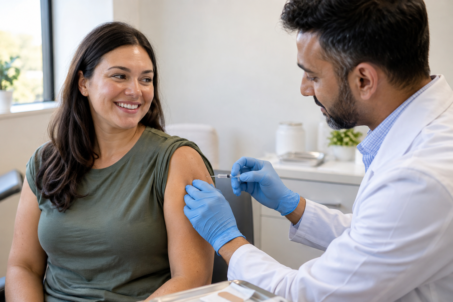 Traveller receiving a travel vaccination at a Wirral pharmacy travel clinic