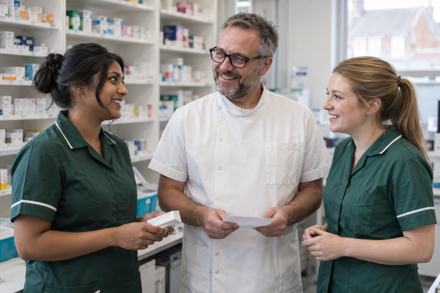 Pharmacy team member helping a customer at the counter in Spital, Wirral